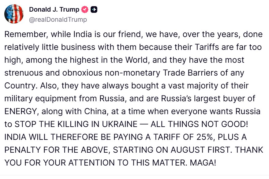 Trump announces 25% tariff on India and criticises its trade ties with Russia. Yet, the Indian govt continues to remain silent on the US funded genocide in Gaza.

A shameful display of diplomatic weakness and a foreign policy failure of the highest order.