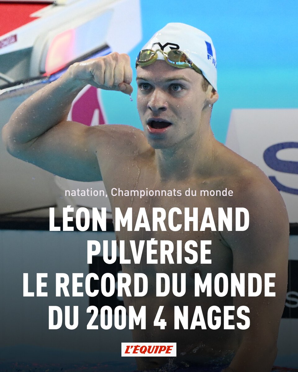 Léon Marchand a explosé le record du monde du 200 m 4 nages (1'52"69), effaçant la marque de Ryan Lochte qui datait de 2011 (1'54"00). Il détient désormais les deux records du monde 4 nages en grand bassin.
➡️ l.lequipe.fr/xzU