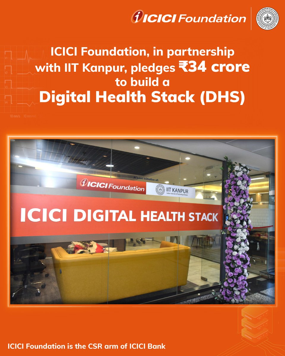 ICICIBank's tweet photo. Just In: @ICICIFoundation (the CSR arm of ICICI Bank), has partnered with @IITKanpur to contribute ₹34 crore in building the ICICI Digital Health Stack (ICICI-DHS) — a next-generation, modular and scalable digital platform aimed at strengthening healthcare infrastructure.

With a new Innovation Lab now established at IIT Kanpur, the initiative will focus on
🔹 Enhancing telemedicine access in rural and remote areas
🔹 Testing portable healthcare devices for decentralised delivery
🔹 Leveraging AI to track and predict trends in chronic diseases
🔹 Standardising digital medical records in line with regulators

A powerful step toward a tech-driven, inclusive healthcare future.

Read more: https://t.co/vk13OAYQfk