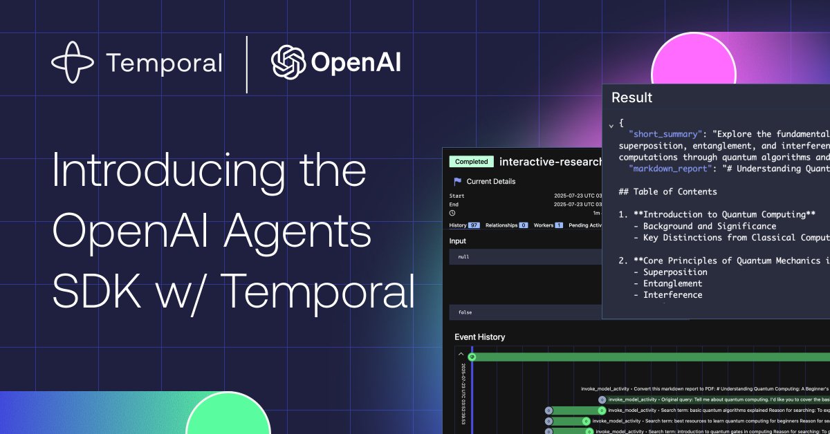 Prototype agent? ✅
Production-ready? 😬

Now use Temporal’s x OpenAI’s Agents SDK to get
 ✅ Durability
 ✅ Scale
 ✅ No orchestration spaghetti

Build agents that actually survive prod. temporal.io/blog/announcin…