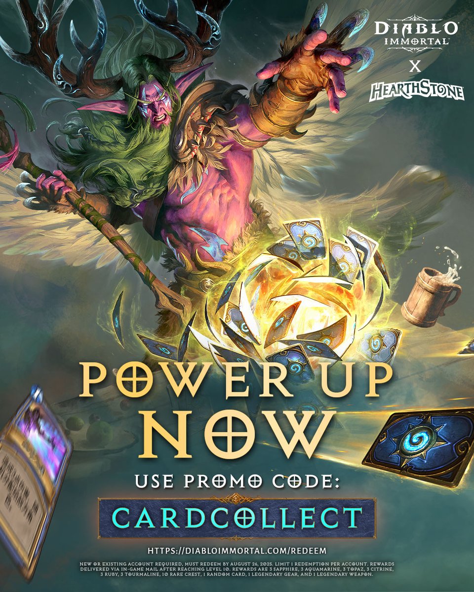 Kick off the Diablo Immortal x <a href="/PlayHearthstone/">Hearthstone</a> event with a little extra power! Use the code CARDCOLLECT at diabloimmortal.com/redeem to collect a Random Card for use in the Heroes of the Hearth event, as well as a piece of Legendary gear, a Legendary Weapon, and 3 of each normal