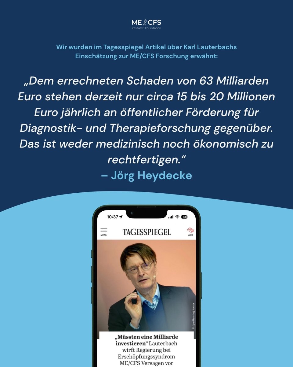 ME/CFS Research Foundation (@mecfsresearch) on Twitter photo 📢 Wir wurden im <a href="/Tagesspiegel/">Tagesspiegel</a> zitiert! <a href="/Karl_Lauterbach/">Prof. Karl Lauterbach</a> spricht über die dramatische Unterfinanzierung der #MECFS-Forschung. Die Einschätzung unseres Gründers Jörg Heydecke wird dort ebenfalls aufgegriffen. Ein starkes Zeichen. Jetzt braucht es Taten!
🔗 tagesspiegel.de/gesundheit/mus… 📢 Wir wurden im <a href="/Tagesspiegel/">Tagesspiegel</a> zitiert! <a href="/Karl_Lauterbach/">Prof. Karl Lauterbach</a> spricht über die dramatische Unterfinanzierung der #MECFS-Forschung. Die Einschätzung unseres Gründers Jörg Heydecke wird dort ebenfalls aufgegriffen. Ein starkes Zeichen. Jetzt braucht es Taten!
🔗 tagesspiegel.de/gesundheit/mus…
