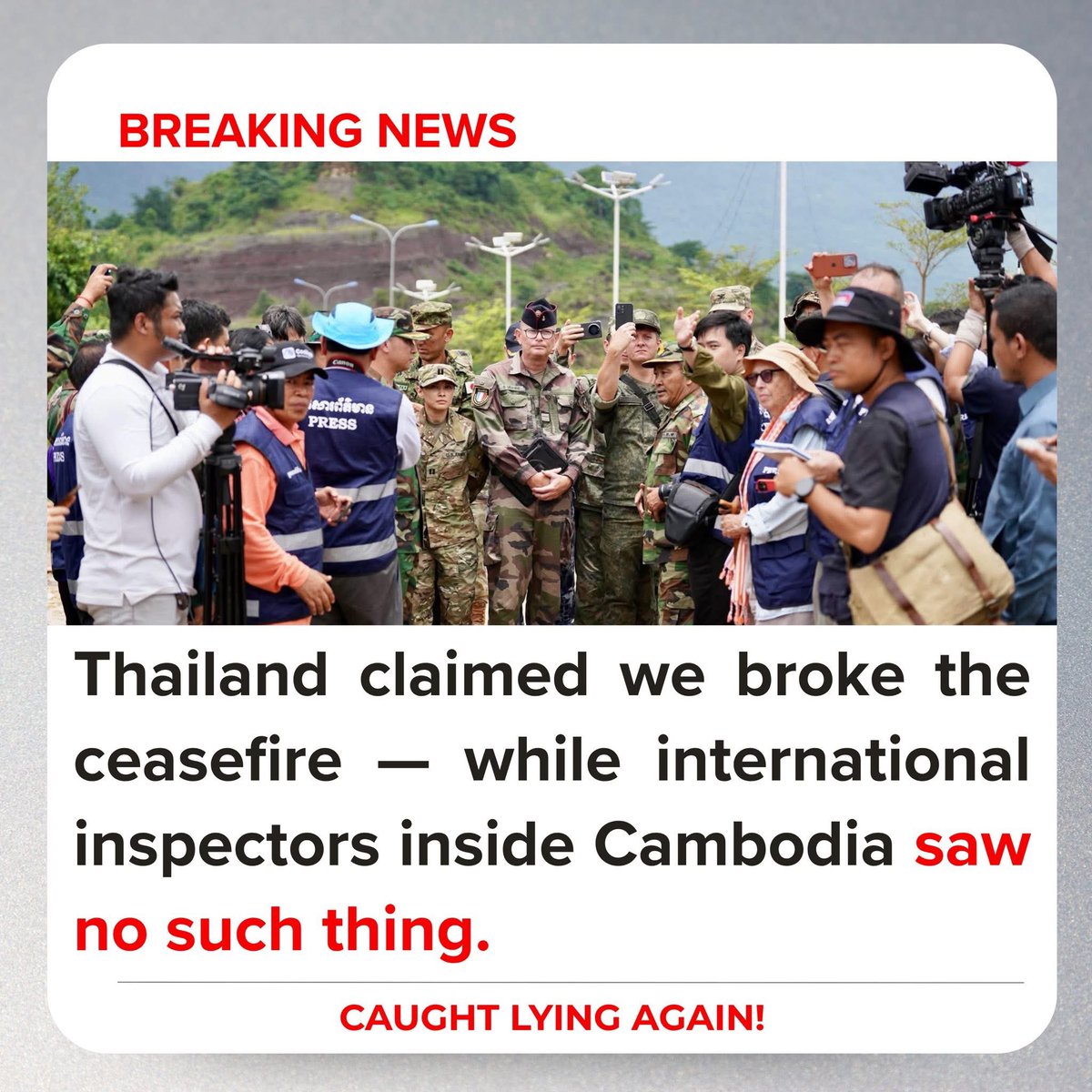Thailand claimed Cambodia broke the ceasefire — But international inspectors in Cambodia saw no violations.

Why lie if you're not hiding something?
Justice for Cambodia.

#ExposeThailandLies 
#ThailandStopFakeNews