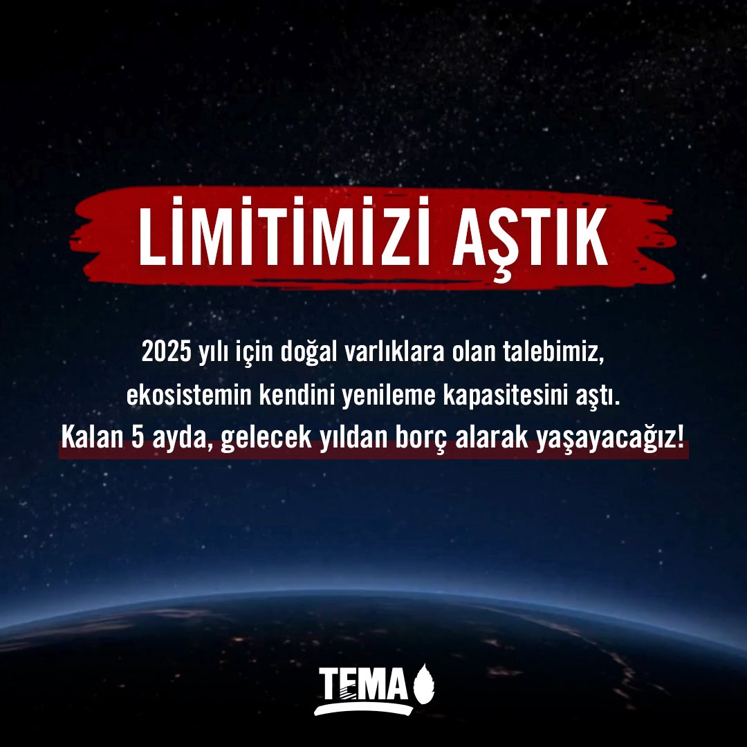 Temmuz ayında, 2025 yılı için insanlığın dünyadaki doğal varlıklara olan talebi, ekosistemin kendini yenileme kapasitesini aştı. Yani yılın kalan 5 ayında, gelecek yıldan borç alarak yaşayacağız!

📌 Türkiye’nin tüketim hızı ise 18 Haziran’da limiti aştığı için  bu yıl da ne