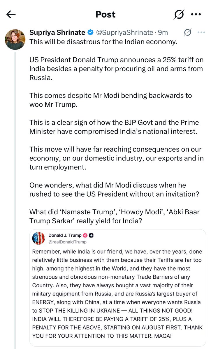 Ankur Singh (@iankursingh) on Twitter photo Hypocrite <a href="/SupriyaShrinate/">Supriya Shrinate</a>!
Check how within 5 hours she took massive U-turn.
1.44 PM: Trump Modi ko daba kar trade deal karega
6.15 PM: No Trade deal with USA is disastrous for India. Hypocrite <a href="/SupriyaShrinate/">Supriya Shrinate</a>!
Check how within 5 hours she took massive U-turn.
1.44 PM: Trump Modi ko daba kar trade deal karega
6.15 PM: No Trade deal with USA is disastrous for India.
