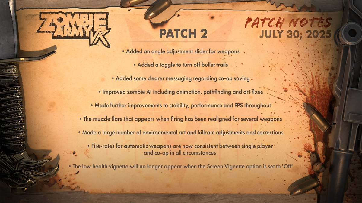 🚨Patch Update🚨

Deadhunters, a new update has parachuted in for Zombie Army VR!

This update adds an angle adjustment slider for weapons, a toggle to turn off bullet trails, and more...

📋 Patch Notes: reb.to/ZAVRPatch2
🆘 Help Centre: reb.to/SupportZAVR