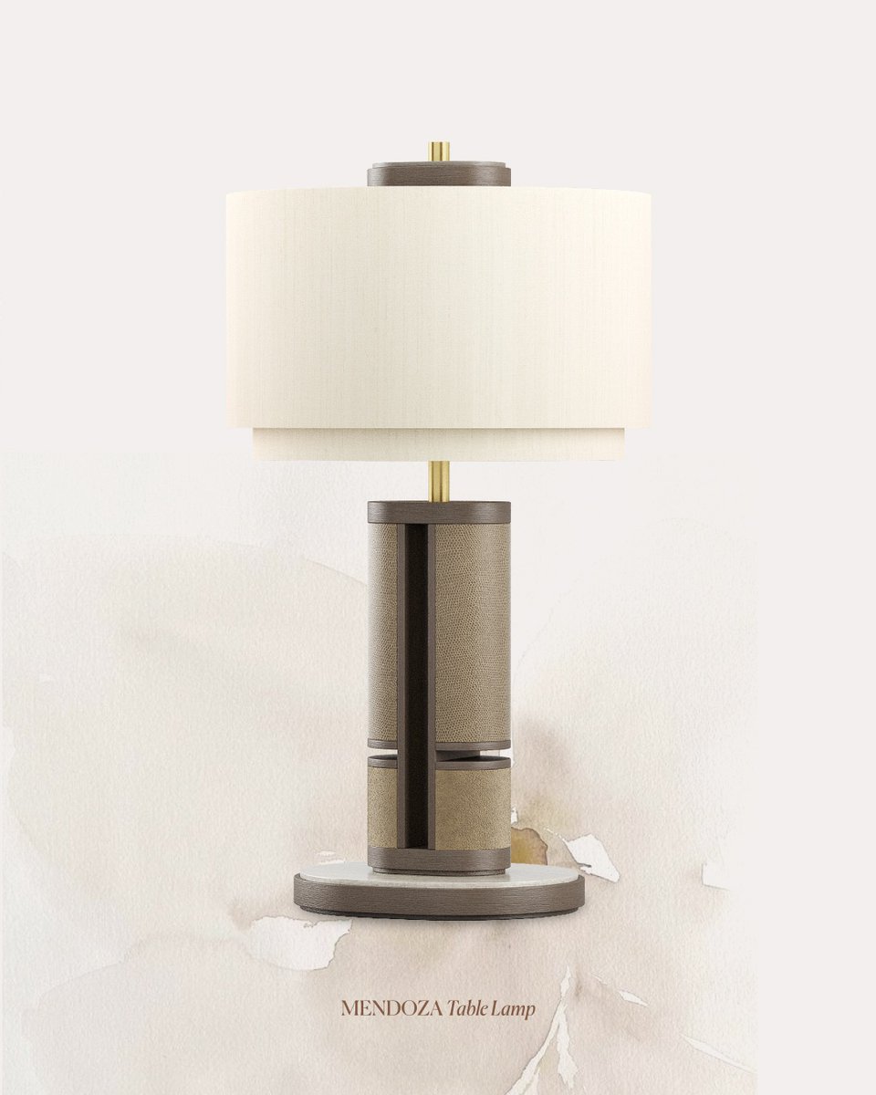 Meet the MENDOZA Table Lamp – a bold piece crafted from satin wood, grained leather, and brushed brass. Its slender form is beautifully paired with a double barrel shade, while the stone-topped base brings the whole design together. 

l8r.it/woZI