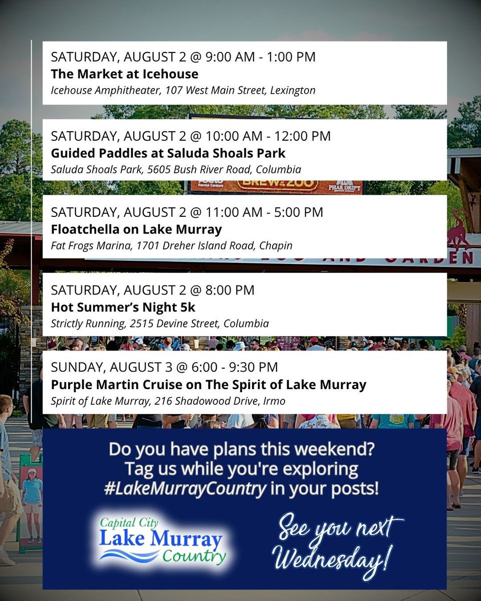 Capital City/Lake Murray Country (@lakemurrayctry) on Twitter photo It's time to #planyourweekend! Visit buff.ly/IOYIW6N to view what's happening in the region!
🎥 Check us out on <a href="/sodacityliving/">Soda City Living</a> every other week!
📸 <a href="/RiverbanksZooSC/">Riverbanks Zoo</a> | Columbia, SC
#TopSouthernDestination #LakeMurrayCountry #PlanYourWeekend It's time to #planyourweekend! Visit buff.ly/IOYIW6N to view what's happening in the region!
🎥 Check us out on <a href="/sodacityliving/">Soda City Living</a> every other week!
📸 <a href="/RiverbanksZooSC/">Riverbanks Zoo</a> | Columbia, SC
#TopSouthernDestination #LakeMurrayCountry #PlanYourWeekend