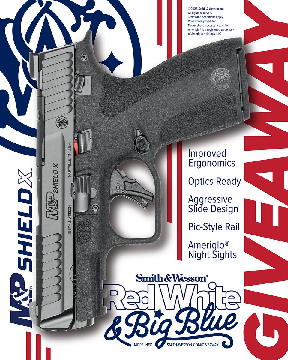 THE SHIELD X GIVEAWAY IS LIVE! 🚨

Don't miss your chance to win the new M&amp;P Shield X, along with your choice of a Smith &amp; Wesson t-shirt and hat! 

Enter now! smith-wesson.com/giveaway
*No purchase necessary. Terms &amp; Conditions apply