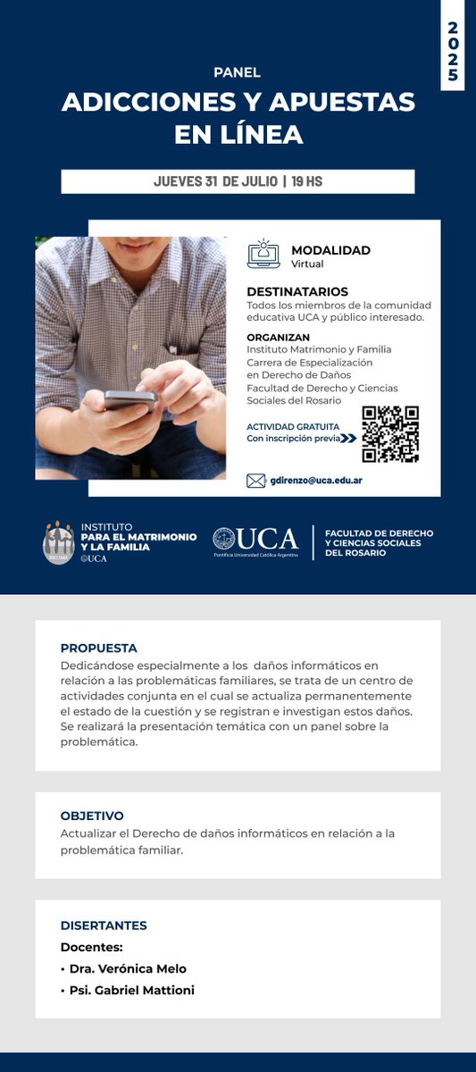 🎰 Adicciones y apuestas en línea
El 31/7 a las 19 h, UCA Rosario invita al panel organizado por el Instituto de Matrimonio y Familia y la Especialización en Derecho de Daños.
Actividad virtual, abierta a la comunidad.
📝 Más info : uca.edu.ar/es/eventos/pan…