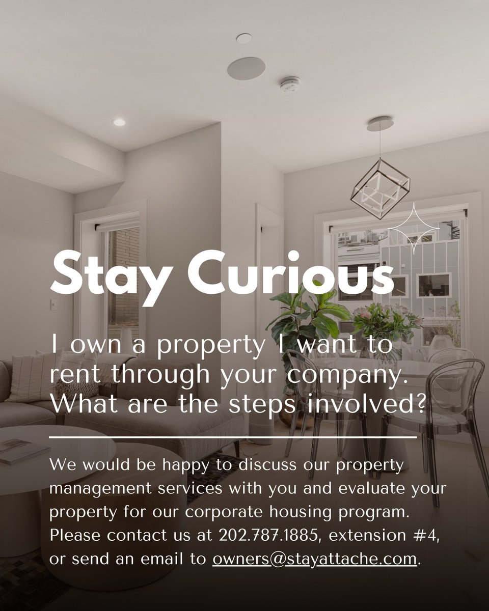 StayAttache (@stayattache) on Twitter photo 🏡 Own a property in D.C.? We’d love to connect!
Stay Attache is seeking homes for our corporate housing program. Interested in property management services?
📞 202.787.1885 ext. 4
📧 owners@stayattache.com
#StayAttache #DCHousing #PropertyManagement 🏡 Own a property in D.C.? We’d love to connect!
Stay Attache is seeking homes for our corporate housing program. Interested in property management services?
📞 202.787.1885 ext. 4
📧 owners@stayattache.com
#StayAttache #DCHousing #PropertyManagement