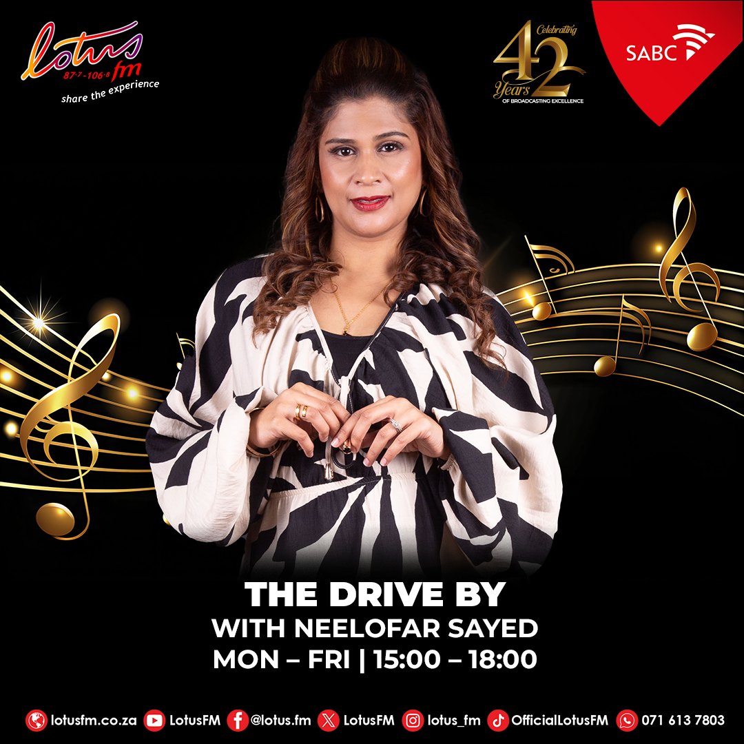 [On Air] The Drive By with Neelofar Sayed ,Monday to Friday from 15h00 - 18h00. 
The Drive By is designed to keep you entertained and informed throughout your drive. 
🚗🚖🚕💨📻 
 
#LotusFM #sharetheexperience #TheDriveBy