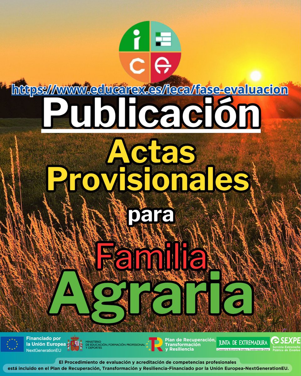 Publicación del listado de Actas Provisionales de la Fase de Evaluación, para Acreditaciones de la Familia Agraria.

Consulta los listados en:

educarex.es/ieca/fase-eval…