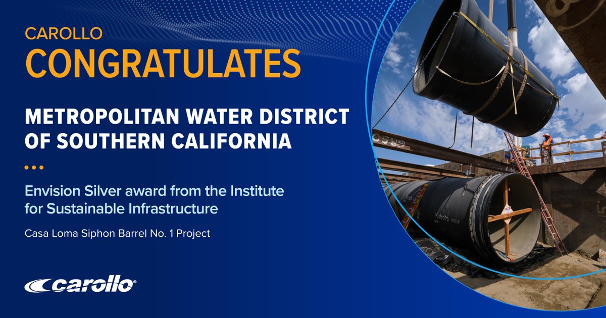 Congrats to the <a href="/mwdh2o/">MWD of SoCal</a> for earning an Envision Silver award!
 
Carollo is proud to have served as the lead engineer on the Project and to have supported them through the Envision verification process for this first-of-its-kind project.