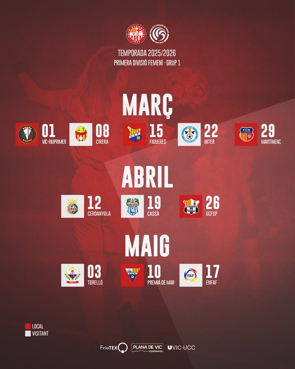 📆⚽ El Femení 'A' ja coneix el calendari per a la 𝟐𝟓-𝟐𝟔

🔛🆚 CE Aro
🔚🆚 ENFAF Andorra

#SomUEVic 🔴⚪️