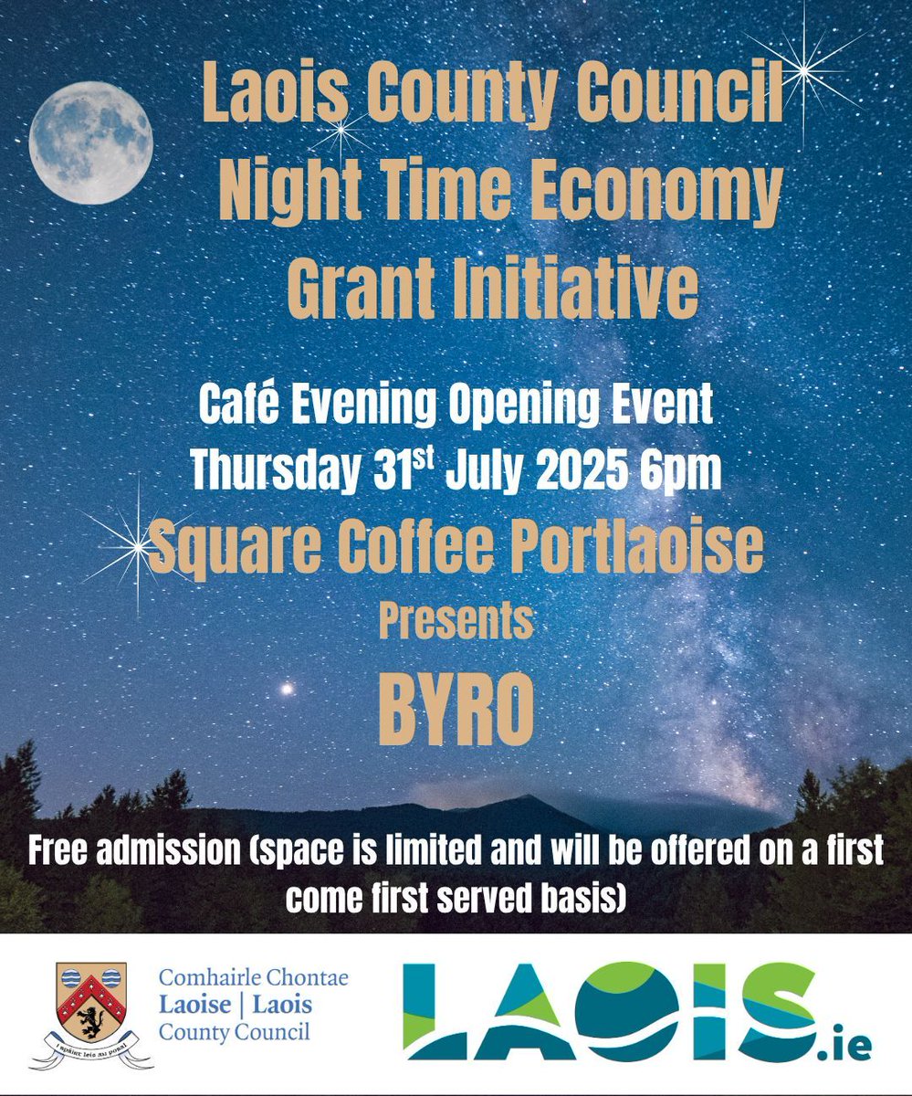 Don't forget! The Café Evening Opening events at LemonNick Café and Square Coffee, featuring DJ General and Byro are happening tomorrow!

Presented as part of Laois County Council's Night Time Economy Grant Initiative. 

📅 Thursday 31st July after 6pm. See below for details.
