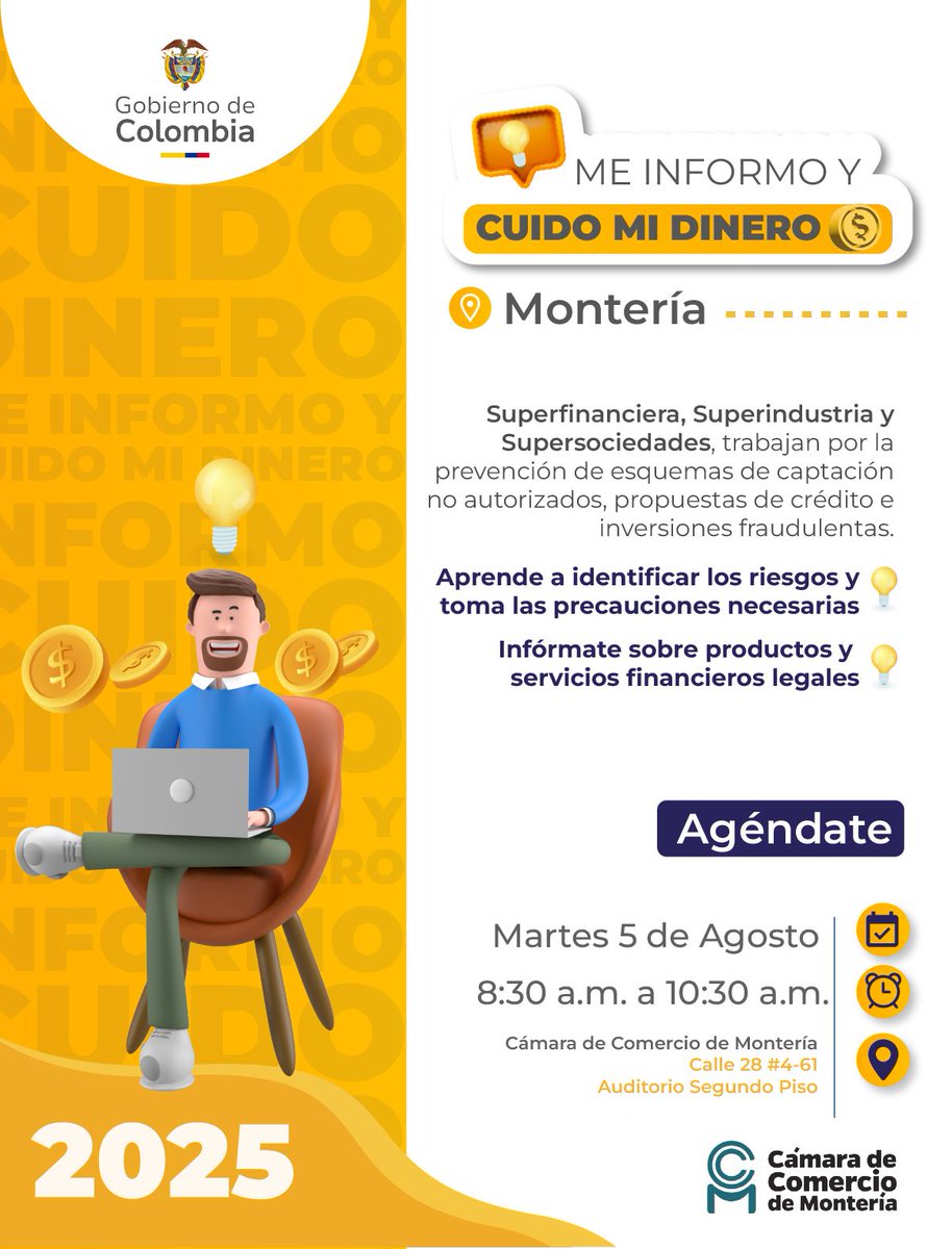 ¡Nos vemos en Montería!

Este 5 de agosto a las 8:30 a. m. te esperamos en la <a href="/ccmonteria/">Cámara de Comercio Montería</a> para participar en la jornada #MeInformoYCuidoMiDinero.

Con <a href="/sicsuper/">Superintendencia de Industria y Comercio 🇨🇴</a> y <a href="/SSociedades/">Superintendencia de Sociedades</a> aprenderás a identificar riesgos y proteger tu dinero.