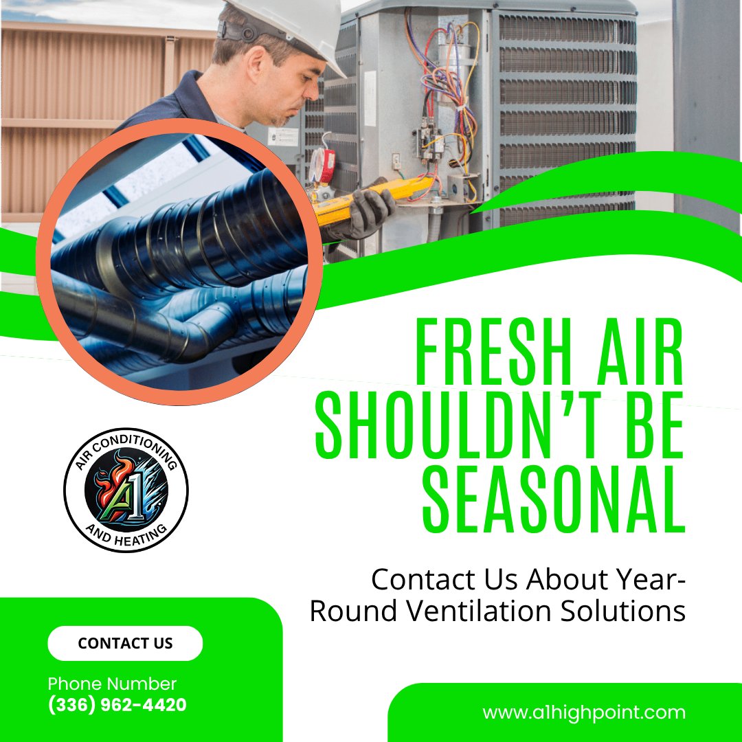 HeatCoolbyA1's tweet image. Our ventilation systems help maintain balanced airflow and comfort in every season.
#VentilationSolutions #YearRoundComfort #ERVSystem #IndoorAirMatters #CleanAirTech #HVACExperts #TriadHVAC #NorthCarolinaHVAC