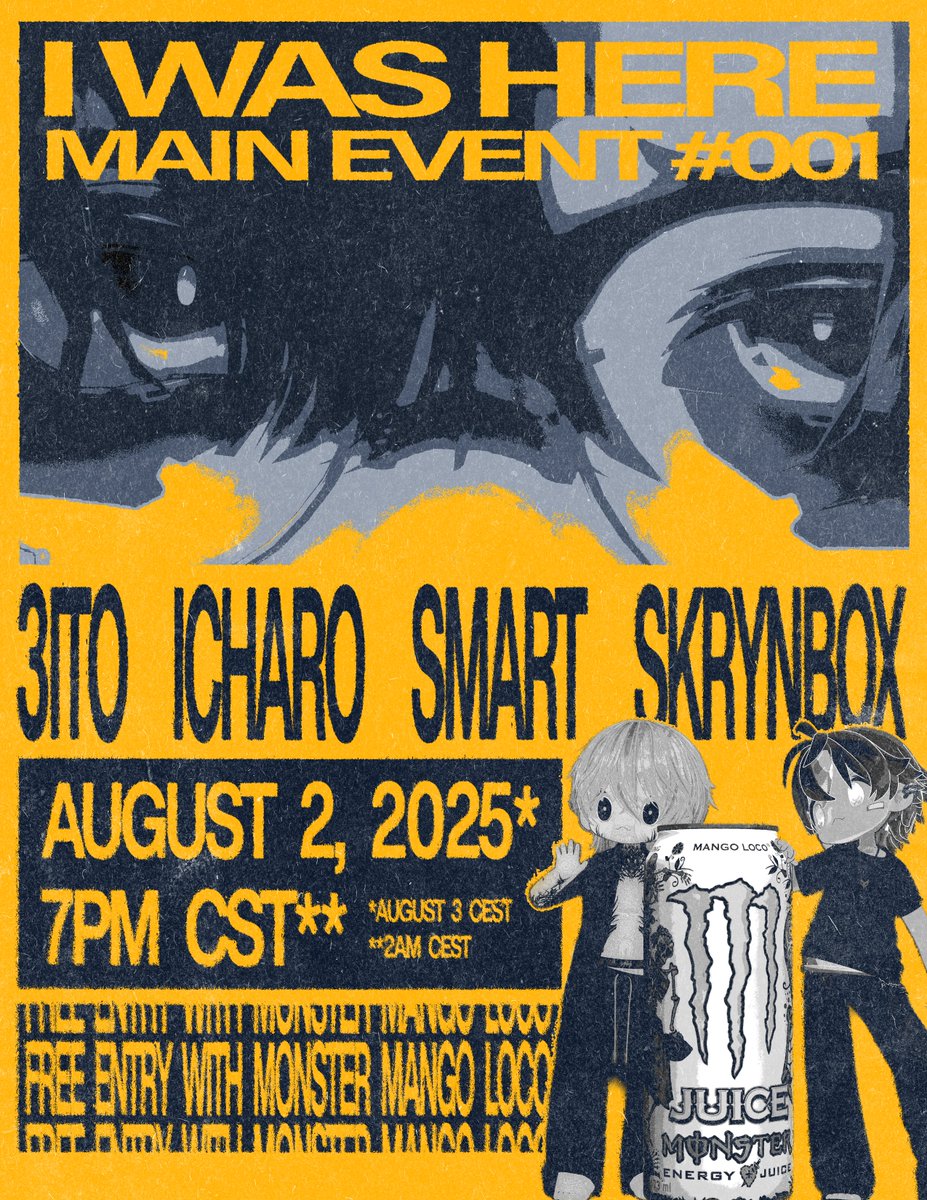 I will be organizing a pop up on August 3rd at 2:00 CET

I WAS HERE MAIN EVENT #001

Line up:

1:45: Open Doors
2:00: <a href="/3itoVR/">3ito</a> 
3:00: <a href="/Icharo999/">Icharo</a> 
4:00: <a href="/smartVRC/">smartVRC</a> 
5:00: <a href="/Skrynbox/">Skryn🅱ox</a> 

- vrc.tl/event/15071
- vrchat.com/home/group/grp…