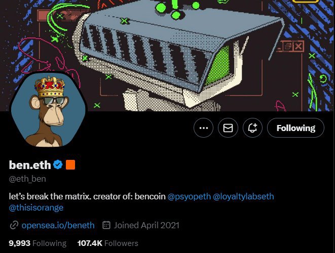 王冠をかぶった猿のアバターと未来的な背景のBen.ethのTwitterプロフィール