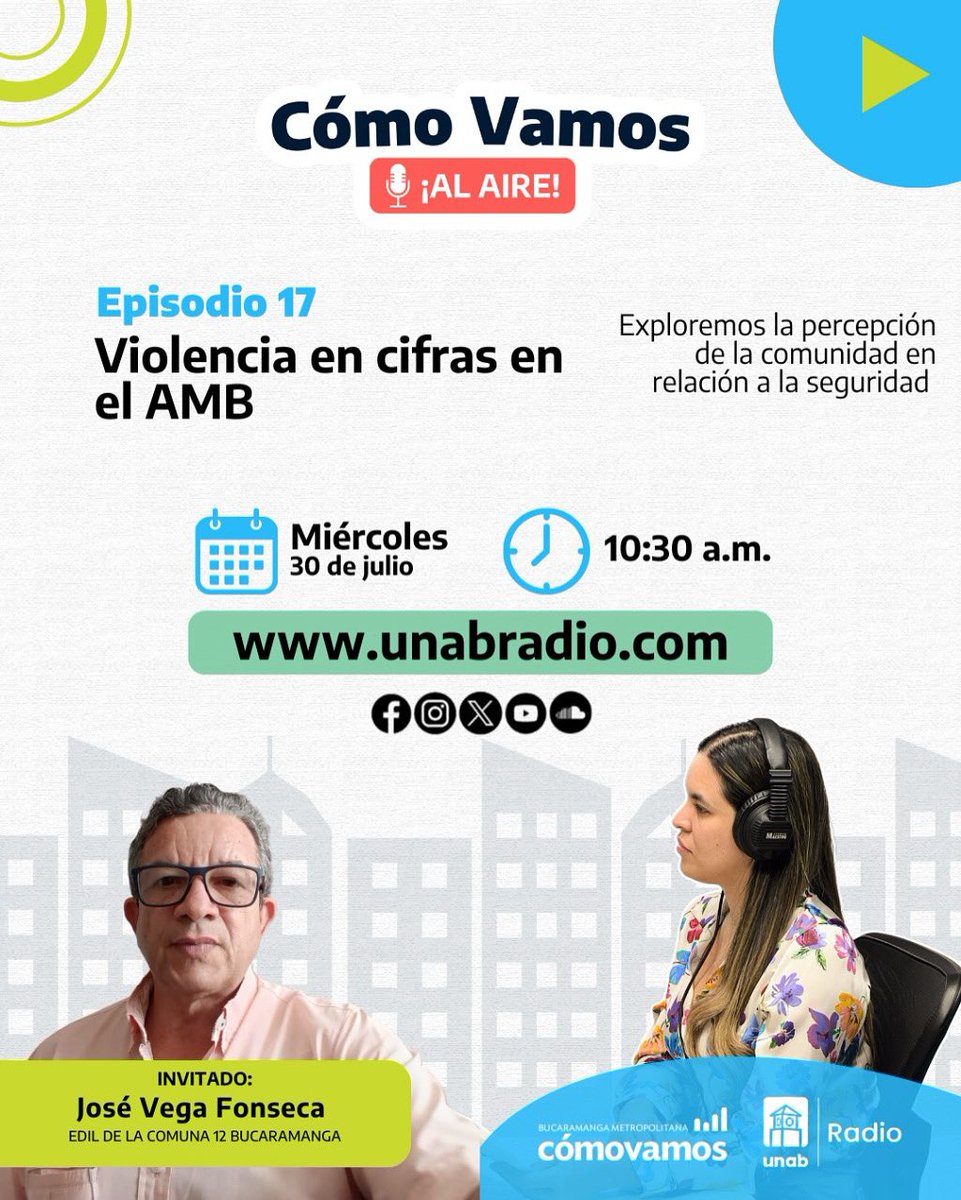 Cómo Vamos, al Aire:“Violencia en cifras: el testimonio de quienes la enfrentan en el AMB”

¿Sabías que Cabecera del Llano es la comuna con más hurtos a personas en Bucaramanga?

Escúchalo a partir de hoy a las 10:30 a.m. y conoce el informe completo en bucaramangacomovamos.org