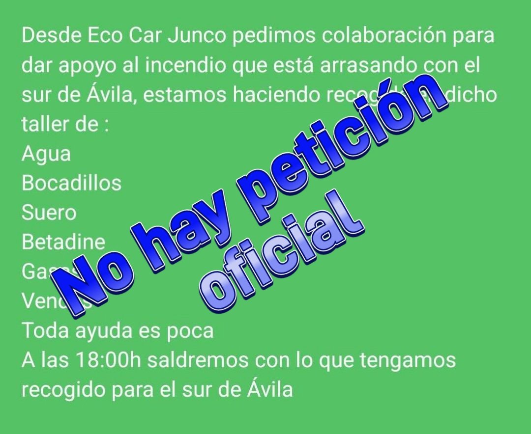 #IFCuevasDelValle #Ávila 
ACTIVO. Nivel 2 

NO HAY PETICION OFICIAL DE BIENES O ALIMENTOS.

Los establecidos de la zona están abiertos.
Los vecinos y el operativo están abastecidos. 
Enviar algo que no se ha pedido a una emergencia es un problema más a sumar a la emergencia.