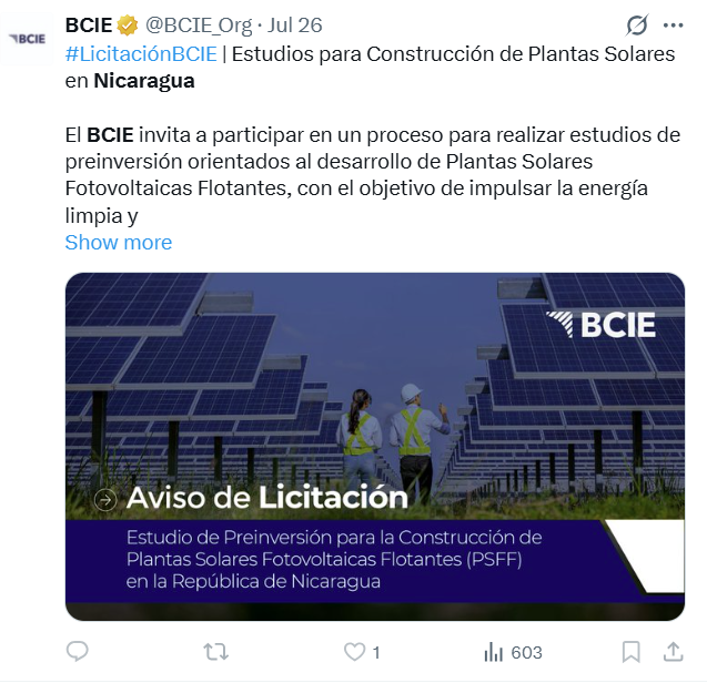 Me alegra mucho que el BCIE apoye a #Nicaragua con #innovación en el área de #energía #renovable. Ojala la Presidente del BCIE se digne en supervisar dicha obra y comunique de su continuado apoyo a un país fundador del BCIE.