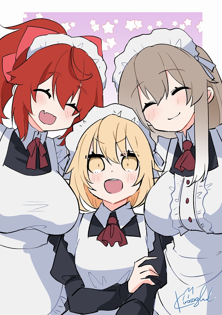 女子会組(あかりちゃん、ナラベ先輩、くおん)がメイド服試着した時のスチル残しておきますね。自慢しよ。 