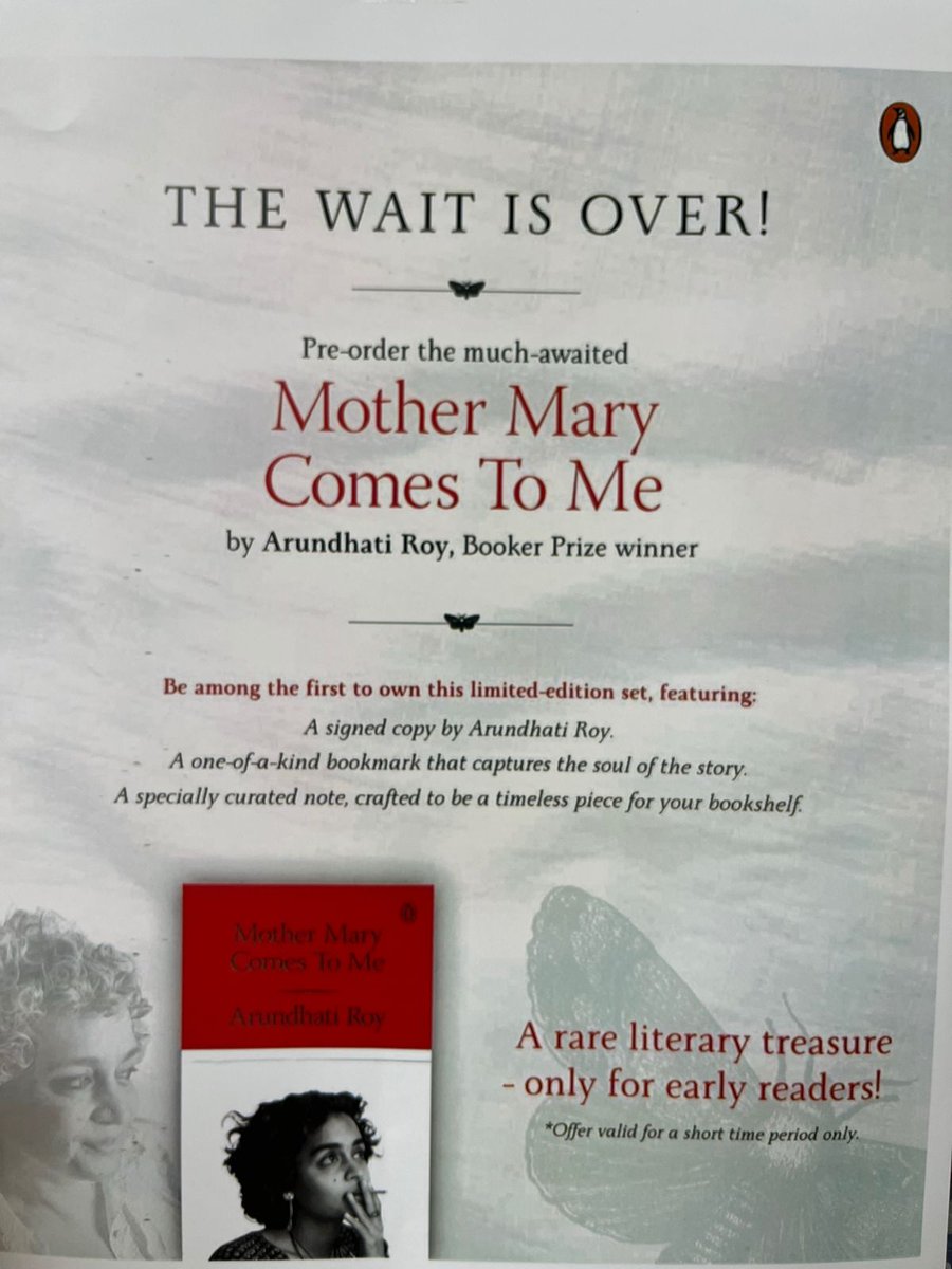 Available for pre-order!
Limited author-signed copies of the much-awaited Mother Mary Comes To Me by Arundhati Roy. You also get a one-of-a-kind bookmark &amp; special note. Pre-order now at special price of ₹720 only! To reserve your copy, kindly whatsapp to 9845076757.