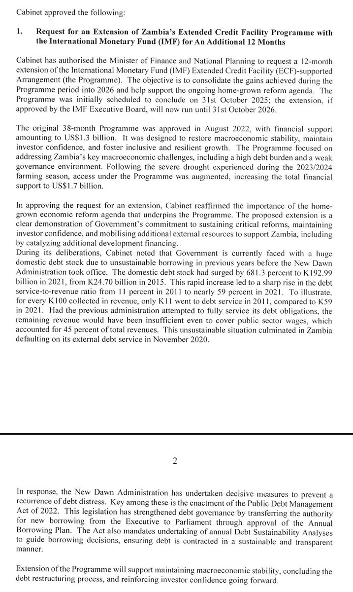 CABINET AUTHORIZES THE MINISTER @MOFNPZambia TO SEEK EXTENSION OF THE ENHANCED CREDIT FACILITY FROM THE IMF FOR AN ADDITIONAL 12 MONTHS.
<a href="/IMFAfrica/">IMF Africa</a> 
<a href="/IMFLive/">IMFLive</a> 
<a href="/IMFNews/">IMF</a>