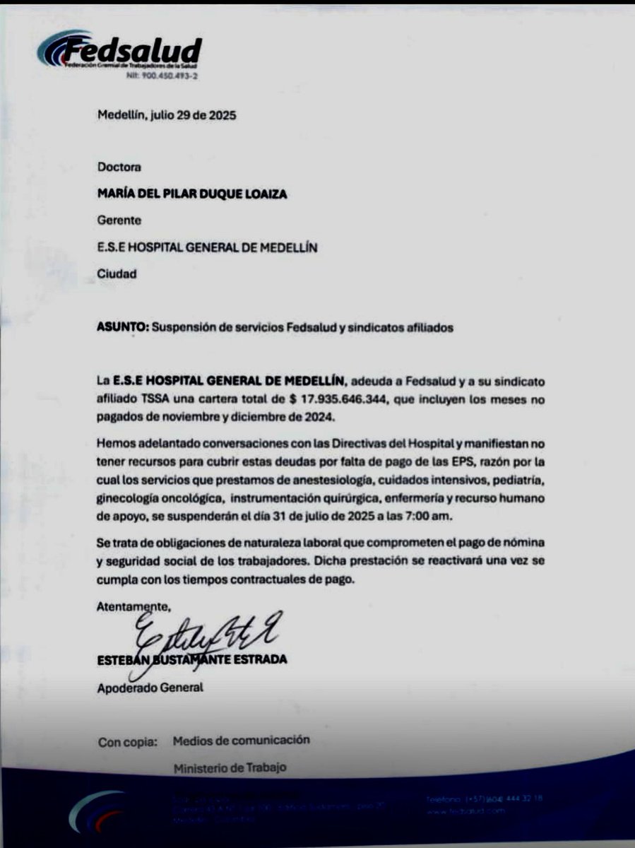 Gravísimo: mayor hospital público de Medellín, <a href="/HGMhospital/">Hospital General de Medellín - Luz Castro de G.</a> no contará desde mañana con la mayor parte del personal de anestesiología, cuidados intensivos, pediatría, ginecología, oncología, instrumentación quirúrgica y enfermería por las deudas de las EPS en manos del gobierno.