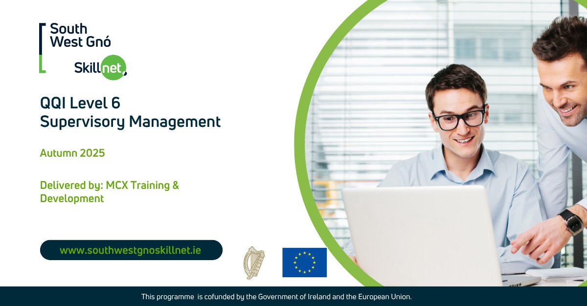 SWGSKILLNET's tweet image. Proactive Leadership in Action
Our QQI Level 6 Supervisory Mgmt Programme helps teams lead smarter with emotional intelligence & best practice.
📩 info@southwestgno.com
🌐 southwestgnoskillnet.ie
Co-funded by the Govt of Ireland & the EU
#Leadership #Training #EUinMyRegion