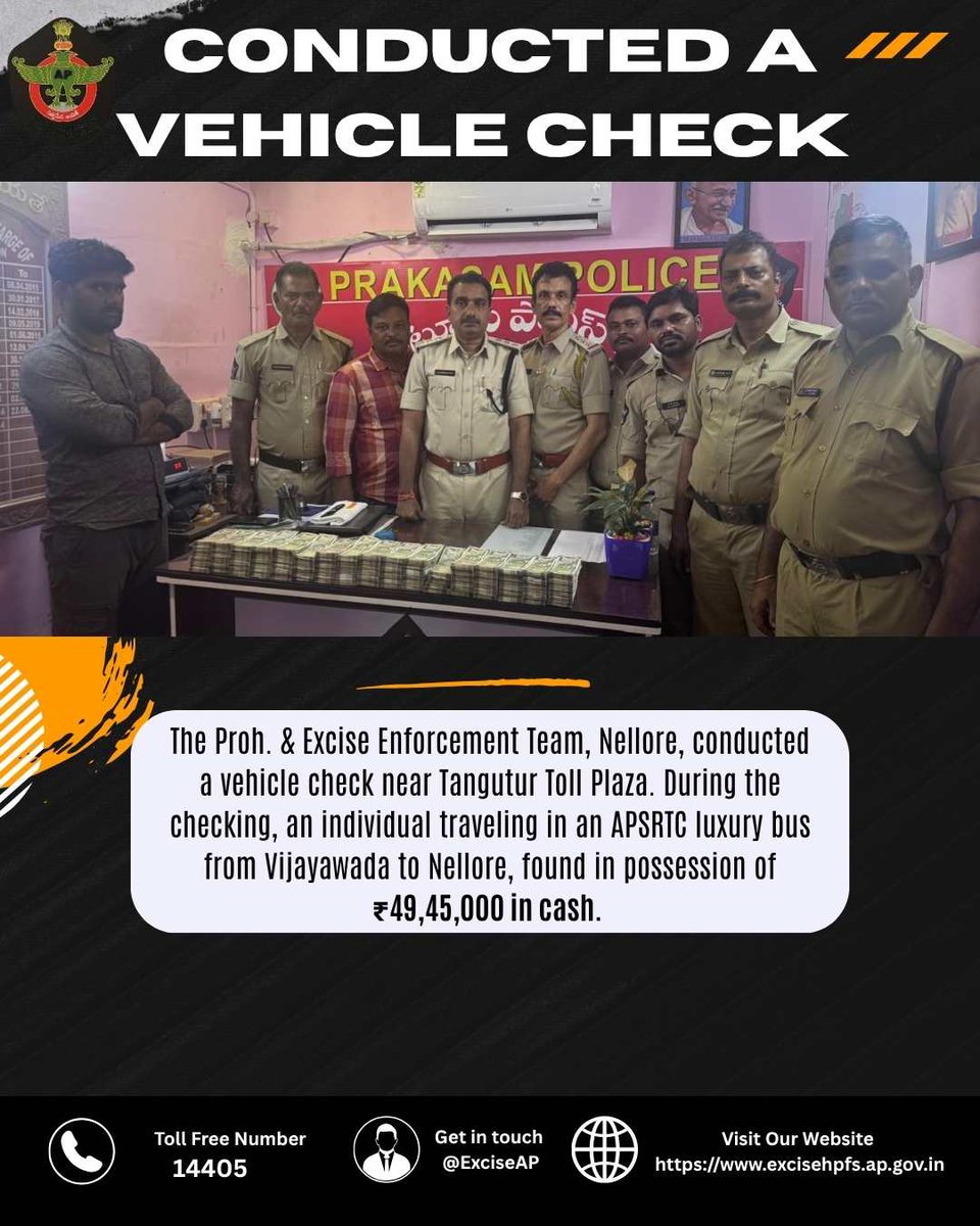 exciseAP's tweet image. 🚨Prohibition &amp;amp; Excise Enforcement Team, Nellore, conducted a vehicle check near Tangutur Toll Plaza. An individual traveling on an APSRTC luxury bus from Vijayawada to Nellore was found carrying ₹49,45,000 in cash. Further investigation is underway.
#ExciseAP #Nellore #ExciseAP