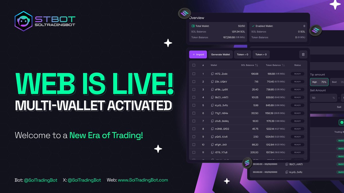 🚀 SolTradingBot Web is Live! Multi-Wallet Mode Activated

STBOT now runs on web with full multi-wallet support.
Perfect for:

✔️ Market Markers
✔️ Snipers
✔️ Any degens managing multiple wallets

Welcome to a new era of trading!
👉 Dive in: soltradingbot.com/tools