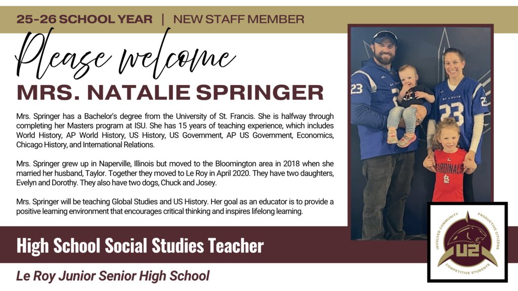 Please welcome Mrs. Natalie Springer to LeRoy High School!