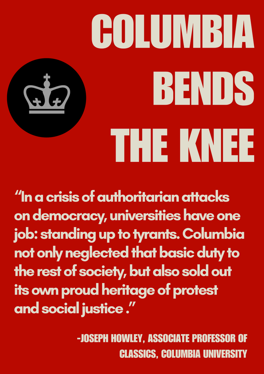 jvplive's tweet photo. “It is frankly terrifying to see how easily and shamelessly Columbia has thrown its international students, its students of color and its transgender students under the bus. The implementation of these fascist policies is not capitulation — it is exactly what Columbia has wanted to do all along. Even with all the dangers this agreement poses to us, we know that it pales in comparison to the suffering the Israeli government is inflicting upon Gaza.

“Columbia is trying to stop us from speaking out against forced starvation, but we know nothing is more important than fighting for the people of Palestine, and we will not be silenced when Gaza needs us to speak up.” - JVP Columbia member and undergraduate student. 🧵