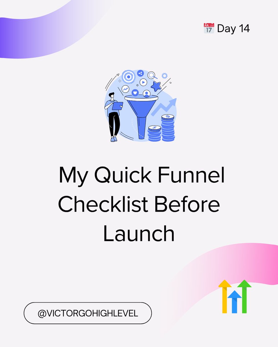 digitalsvictoro's tweet image. 📅 Day 14 – My Quick Funnel Checklist Before Launch
Before I launch any funnel in GHL, I run through this:
✅ All buttons work
✅ Forms are connected
✅ Thank-you page is live
✅ Emails are triggered
✅ Mobile-friendly
Small checks = big peace of mind.
#GHL #FunnelTips #ghl