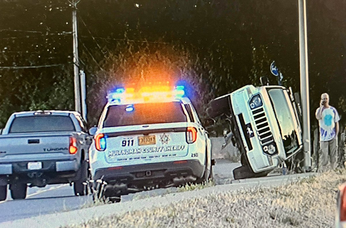 NO PARKING… a crash in Troutdale left this vehicle on its side on the sidewalk.  Looks like he tangled with a semi.  No injuries, traffic is getting by.  No word on the cause, but probably a good idea to slow down.  This along NW Graham Rd &amp; Swigert Way #LiveOnK2 #pdxtraffic