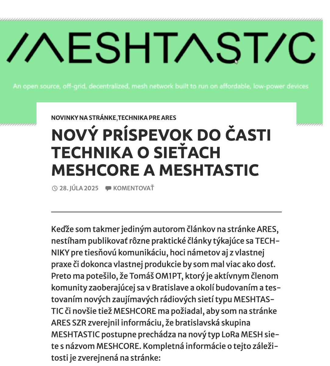 HamRadioSK (@hamradiosk) on Twitter photo A.R.E.S. SZR: SYSTÉMY NA BÁZE TECHNOLÓGIE LoRa – LoRa APRS a SIETE LoRa MESHTASTIC & MESHCORE
<a href="/Pytlicek/">Tomas Pytlicek</a> <a href="/OBriatka/">Ondrej Briatka</a> a spol z Radioklubu Omega OM3KFF/OM5M spisali clanok o IoT mesh sietach a ich vyuzitia v tiesnovej komunikacii. 🔗👇
aresom.wordpress.com/systemy-na-baz… A.R.E.S. SZR: SYSTÉMY NA BÁZE TECHNOLÓGIE LoRa – LoRa APRS a SIETE LoRa MESHTASTIC & MESHCORE
<a href="/Pytlicek/">Tomas Pytlicek</a> <a href="/OBriatka/">Ondrej Briatka</a> a spol z Radioklubu Omega OM3KFF/OM5M spisali clanok o IoT mesh sietach a ich vyuzitia v tiesnovej komunikacii. 🔗👇
aresom.wordpress.com/systemy-na-baz…