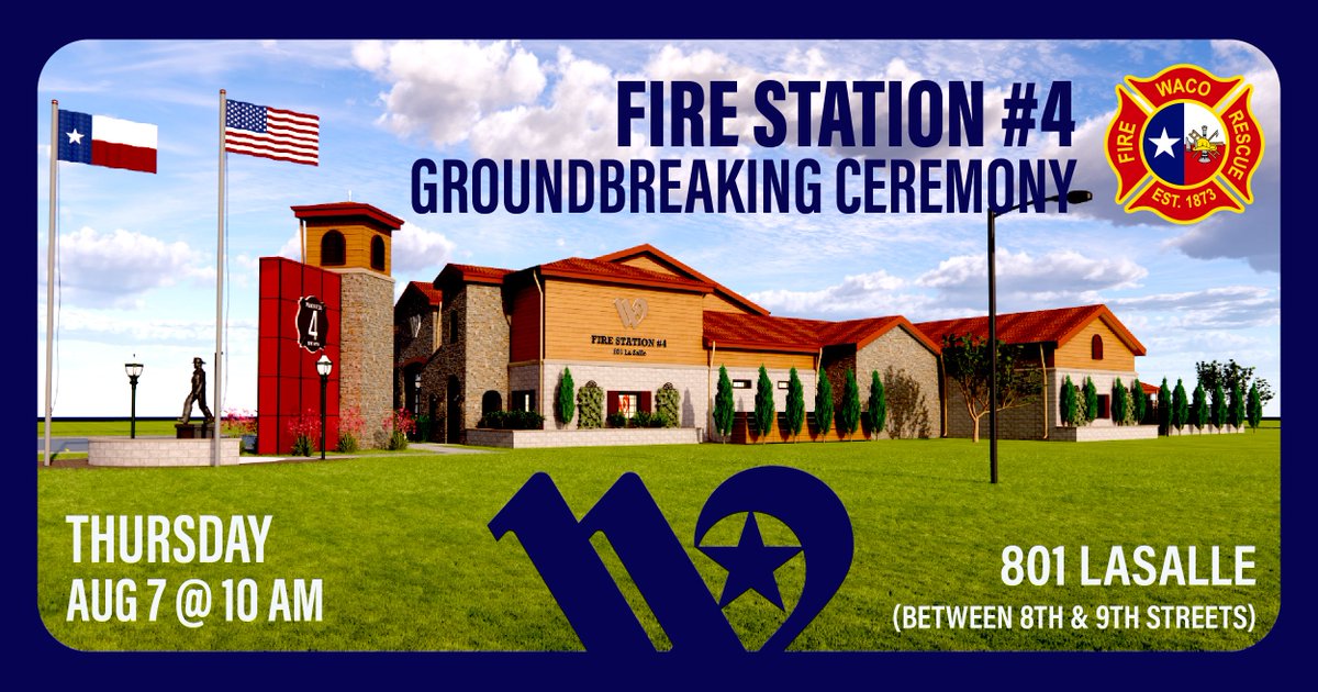 You're invited, Waco!

Join the City of Waco at 10:00 am on August 7th at 801 La Salle Ave. (between 8th Street and 9th Street) as we break ground on a new <a href="/WacoTXFire/">Waco Fire Department</a> Station!

👉 Get more event details at Waco-Texas.com/Station4Ground…

#wacotexas #wacotx #wacofire