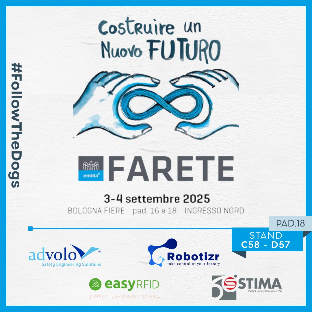 Quest'anno saremo presenti a #FARETE all'interno di una collettiva totalmente dedicata all'innovazione tecnologica e alla robotica, insieme ai nostri partner Advolo, easyRFID e Robotizr.
👉 Vieni a trovarci al nostro stand C58-D57 / Pad 18
#FollowTheDogs #FARETE2025 #StimaSpa