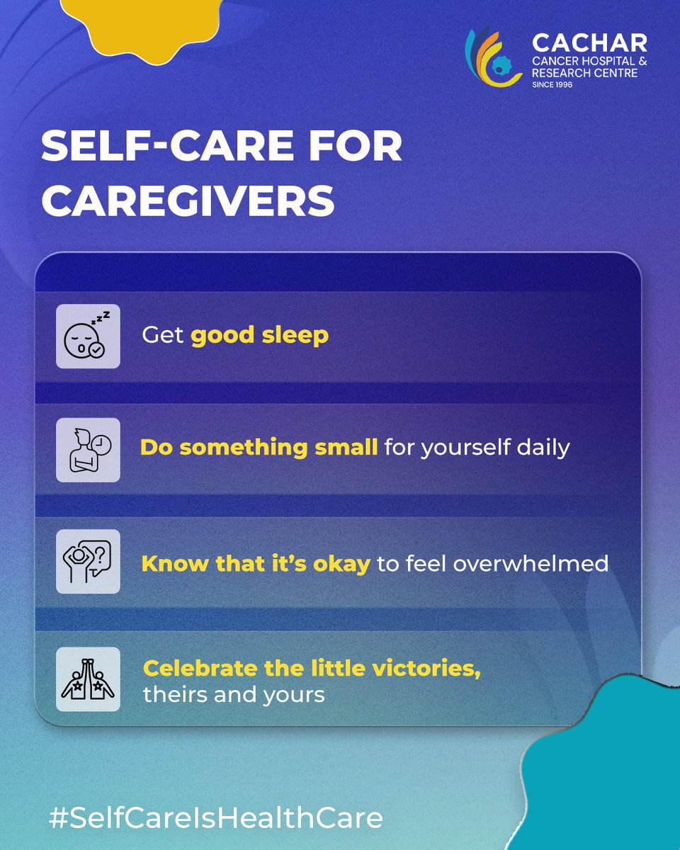 Cachar Cancer Hospital & Research Centre (@cchrccancercare) on Twitter photo Caring for a loved one with cancer takes strength, compassion, and care for yourself, too.
Take care of yourself, not after, but alongside them. 💚
#SelfCareIsHealthCare #SelfCareForCaregivers #CancerCare #CaregiversNeedCareToo #CacharCancerHospital #MentalHealthMatters Caring for a loved one with cancer takes strength, compassion, and care for yourself, too.
Take care of yourself, not after, but alongside them. 💚
#SelfCareIsHealthCare #SelfCareForCaregivers #CancerCare #CaregiversNeedCareToo #CacharCancerHospital #MentalHealthMatters
