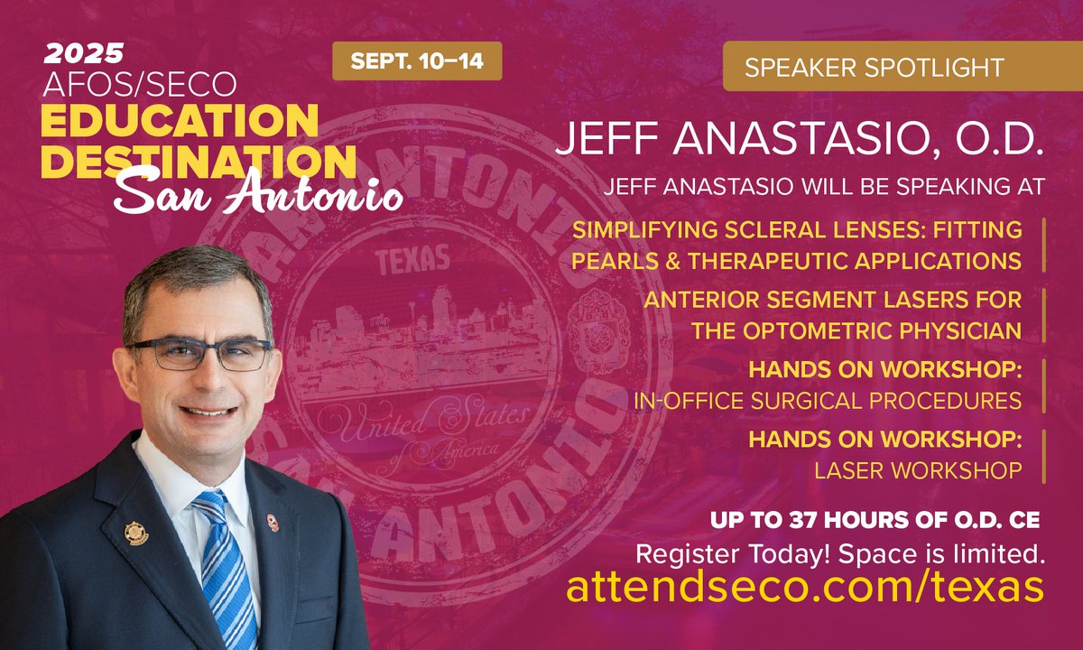 seco_intl's tweet image. Catch Jeff Anastasio, O.D., in San Antonio this September! He’s leading standout sessions on scleral lenses, lasers, and surgical techniques at AFOS/SECO Education Destination.
Space is limited—register now: attendseco.com/texas
#AFOSSECO #OptometryCE #SanAntonio2025