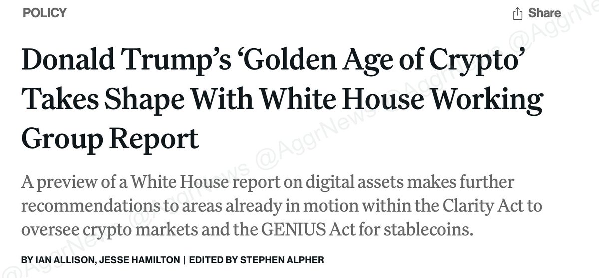 AggrNews: *TRUMP ADMINISTRATION EMBRACES DEFI IN UPCOMING REPORT: COINDESK

*ADMINISTRATION REPORT PREVIEW LACKS DETAILS ON BITCOIN STOCKPILE PLANS

*ADMINISTRATION CALLS FOR GUIDANCE OF CAMT AND DE MINIMIS TAX 

AggrNews: