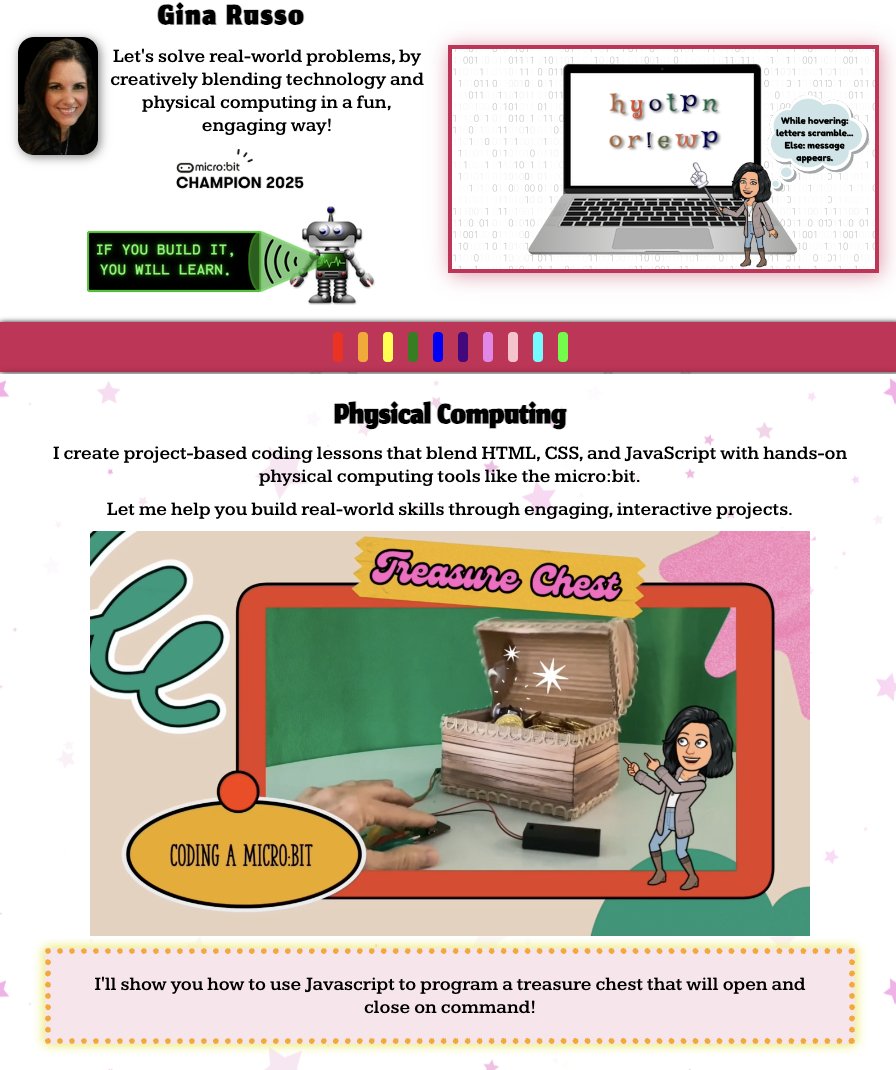 ReadThinkCode's tweet image. My mission: to spark curiosity & empower students to solve real-world problems through tech. Check out my project‑based, hands‑on coding lessons which includes:🌟Physical Computing: Bring code to life with cardboard & micro:bit @khanacademy @salkhanacademy grusso.netlify.app