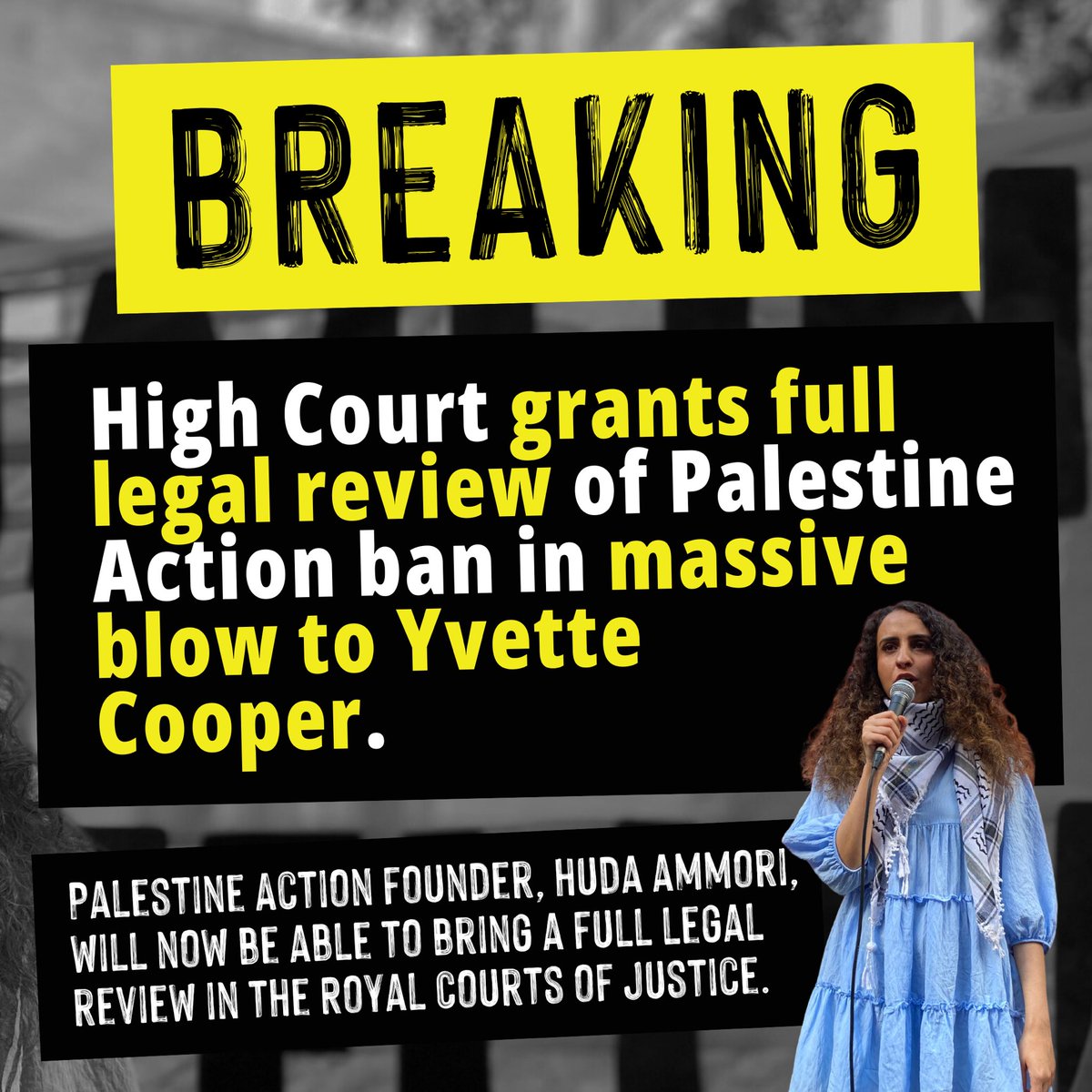 🚨 BREAKING NEWS 🚨

High Court grants full legal review of Palestine Action ban in massive blow to Yvette Cooper.

Palestine Action founder, Huda Ammori, will now be able to bring a full legal review in the Royal Courts of Justice.

Full Press Release: docs.google.com/document/d/1y8…