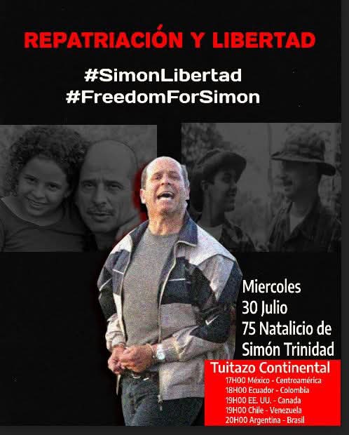 📢✊ ¡Unamonos por la Repatriación y la Libertad de Simón Trinidad!
🇨🇴✈️ Simón lleva 22 años encarcelado injustamente en EE.UU. 
¡Exijamos su regreso a casa!
📲 Súmate al TUITAZO
🗓️ Miércoles 30 de julio
⏰ 18h00 (Colombia)
#SimónLibertad
#SimonTrinidadLibre 
#freesimontrinidad