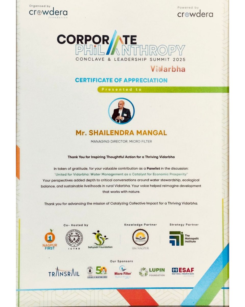 MicroFilterX's tweet image. 🙏 Honored to represent Microfilter Polymers Ltd. as a panelist at the Corporate Philanthropy Conclave &amp;amp; Leadership Summit 2025 hosted by IIM Nagpur and Crowdera Foundation.
#IIMNagpur #LeadershipSummit2025 #MicrofilterPolymers #WaterManagement #CleanWater #SustainableGrowth
