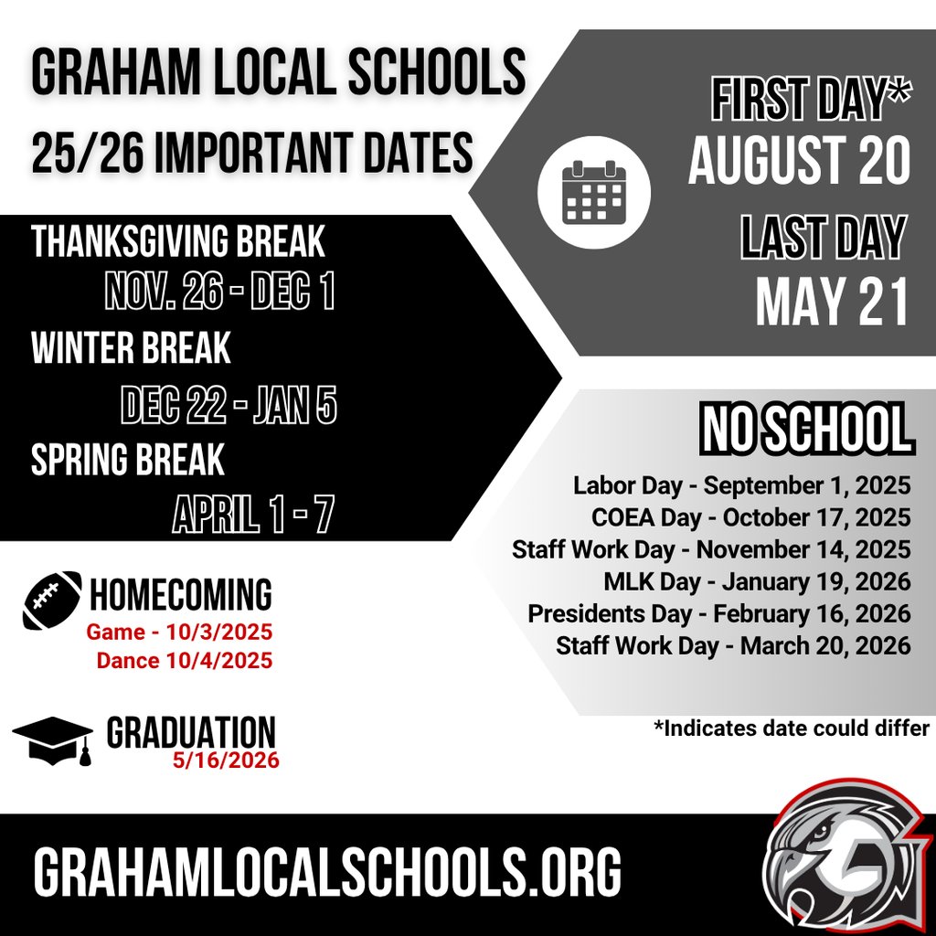 ✨ Stay in the know, Falcon families!
We’ve got all the key dates for the 25/26 school year in one place—from breaks and no-school days to special events like Homecoming and Graduation.

🦅 Make sure you’re ready for everything the year has in store!