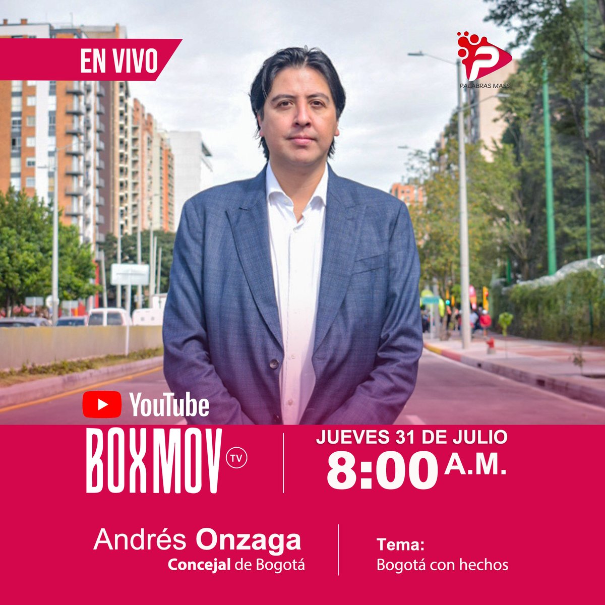 🗨️ ¿Quieres saber qué se está haciendo por Bogotá?
Este jueves a las 8:00 a.m., el concejal <a href="/andresonzaga/">Andrés Onzaga 👍🏽</a>  estará en <a href="/CanalBoxMov/">BoxMov</a> para hablar, cómo se avanza en los temas clave para la ciudad.

🔴 Transmisión en vivo por YouTube <a href="/CanalBoxMov/">BoxMov</a>